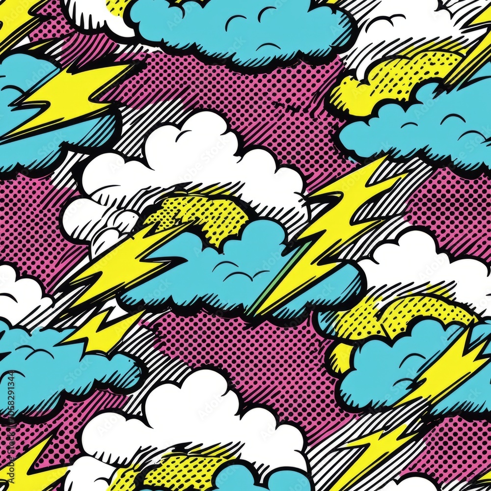 seamless pattern of retro pop art lightning bolts and clouds seamless pattern of retro pop art lightning bolts and clouds