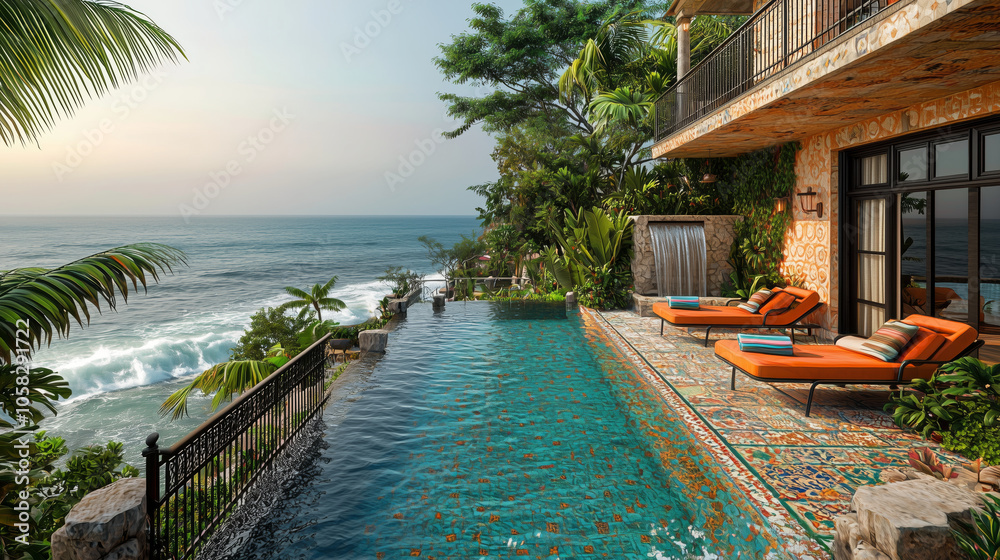 Obraz premium Infinity pool with retro charm overlooking ocean waves