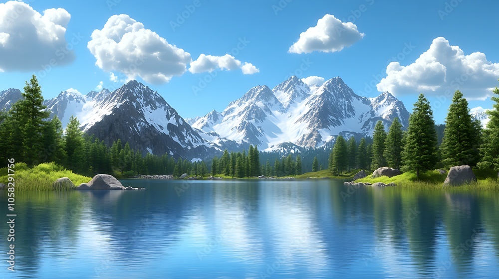 Fototapeta premium Serene Mountain Lake with Lush Greenery