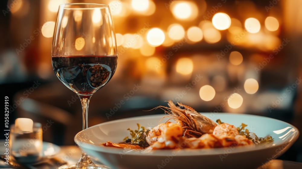 A glass of red wine sitting next to a gourmet dish of seafood on a dining table, A glass of red wine sitting next to a gourmet dish of seafood on a dining table,