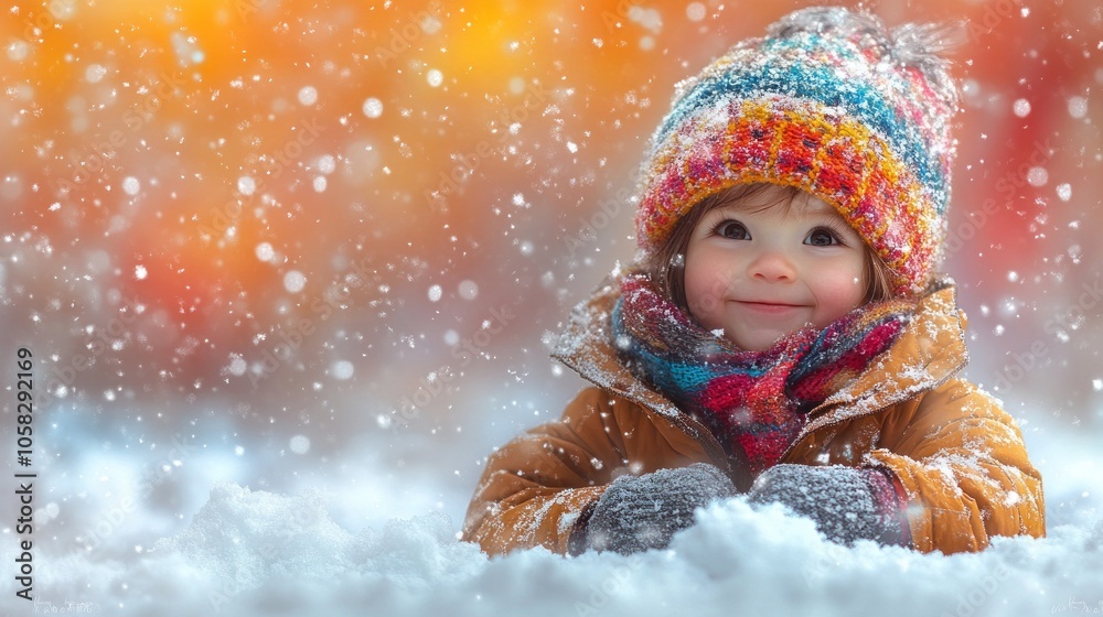 A joyful child playing in the snow during wintertime. A joyful child playing in the snow during wintertime.