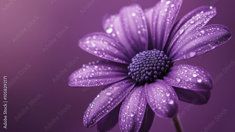 A graceful purple flower in full bloom, with water droplets gently resting on the petals A graceful purple flower in full bloom, with water droplets gently resting on the petals