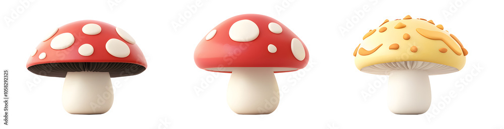 set of three realistic 3D mushrooms png isolated on transparent background, Set of colorful mushrooms. 3D mushroom icons isolated on transparent background, set of three realistic 3D mushrooms png. set of three realistic 3D mushrooms png isolated on transparent background, Set of colorful mushrooms. 3D mushroom icons isolated on transparent background, set of three realistic 3D mushrooms png.