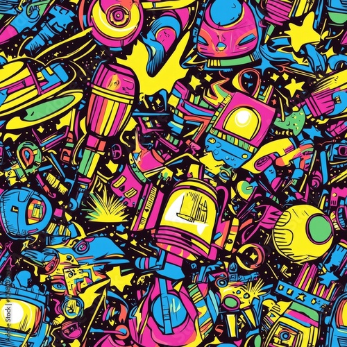 seamless pattern of retro pop art robots and space themes photo