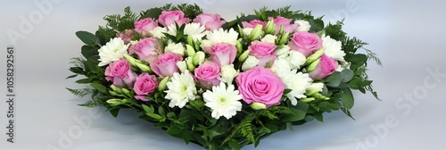 A heart-shaped floral arrangement featuring pink roses and white flowers, ideal for celebrations.