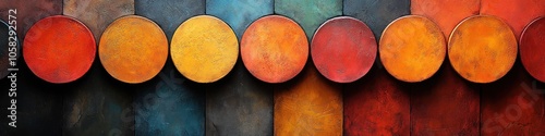 Abstract arrangement of colorful circular shapes on a textured background.