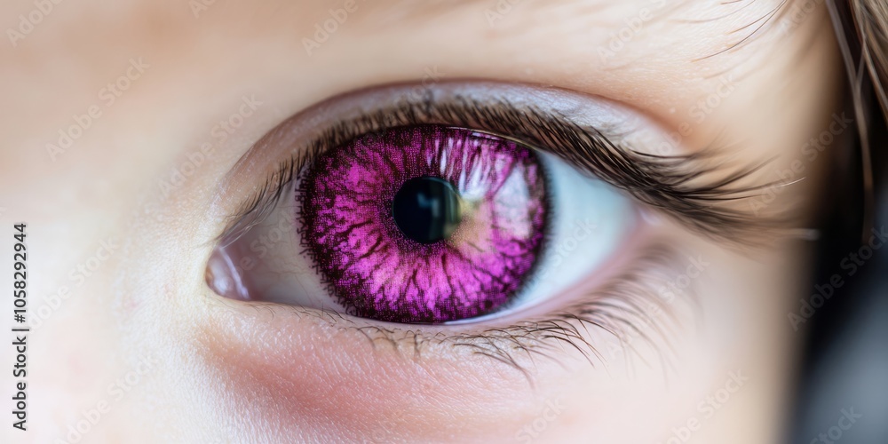 Obraz premium Closeup of acid green eyes with vibrant magenta irises and glowing white pupils, placed on a deep violet background for a high-impact, edgy look. 