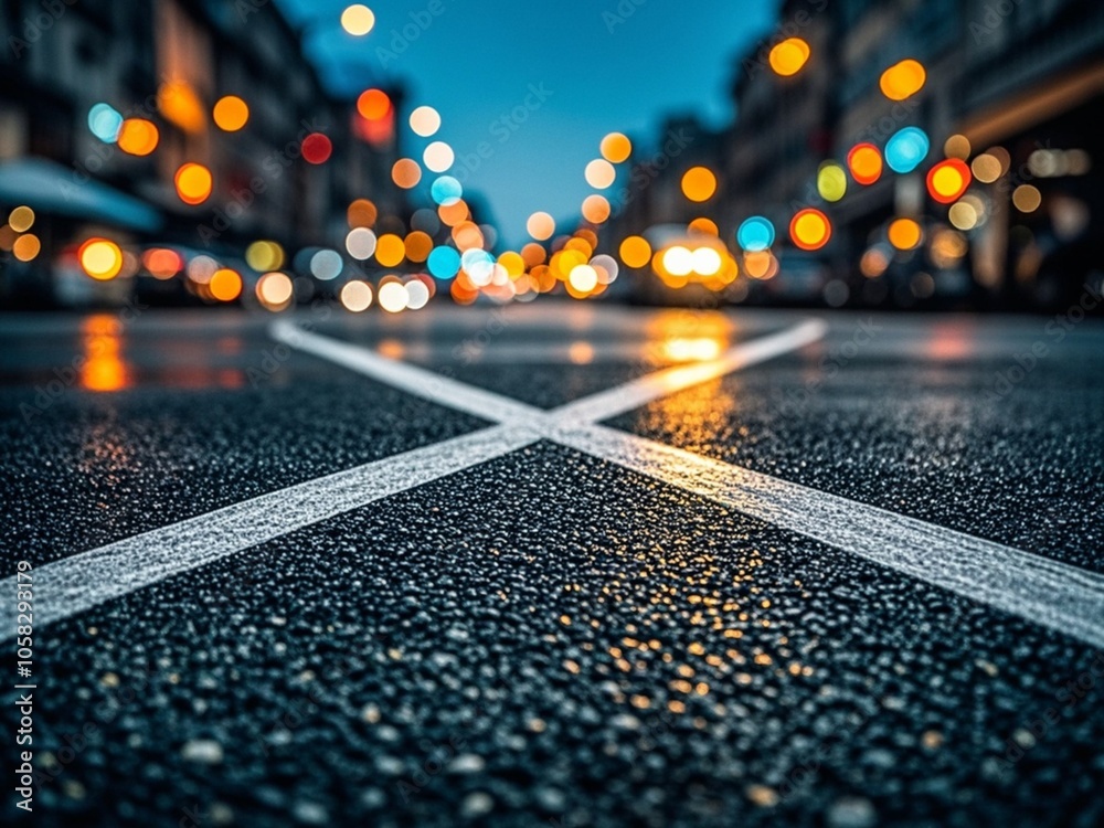 Turning asphalt road with marking lines and reflections with colorful unfocused lights on a background