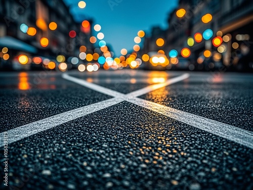 Obraz na płótnie Turning asphalt road with marking lines and reflections with colorful unfocused lights on a background w salonie