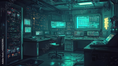 A futuristic control room filled with glowing screens and technology.