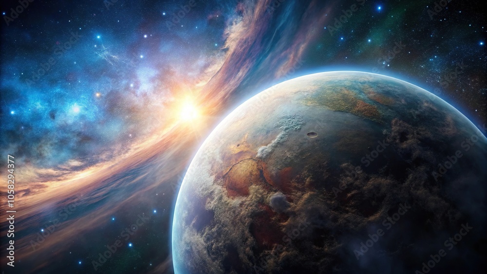 Obraz premium Astronomical view of a distant planet with a thick atmosphere, seismic activity, gas giant, stars