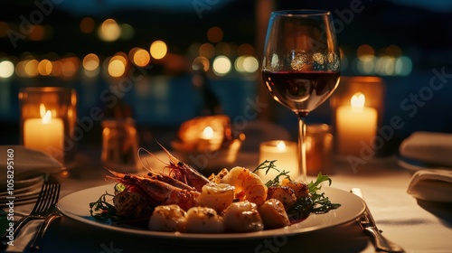 A romantic dinner setup with seafood, a glass of red wine, and dim,