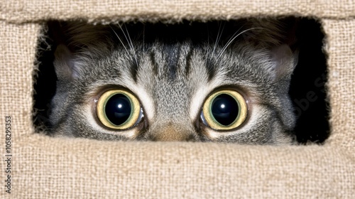 A cute cat hiding behind a curtain. photo