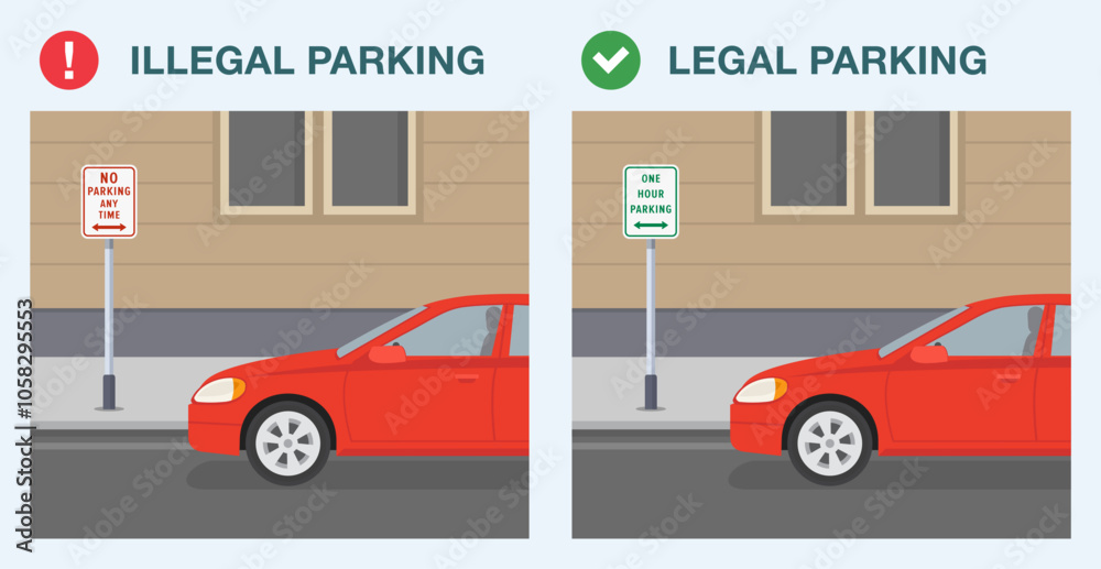 Fototapeta premium Safe driving tips and traffic regulation rules. Legal and illegal parking. No parking at any time sign area. Flat vector illustration template.