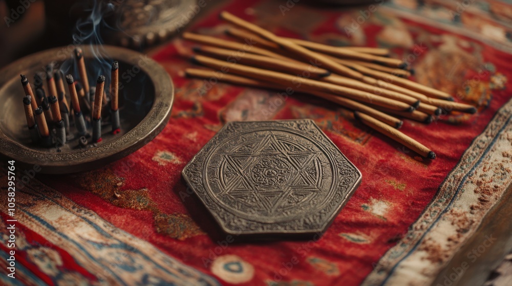 A sacred amulet engraved with protective symbols, A sacred amulet engraved with protective symbols,