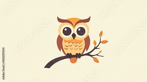 Minimalist owl logo with bold lines and large eyes, perched on a single branch, designed for simplicity.