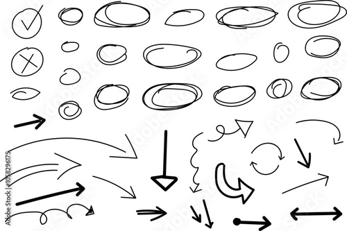 Pen liner doodle elements Handdrawn cute cartoon pencil sketches of decorative iconsketch line frames Doodle arrow, circle, oval and square shape frame