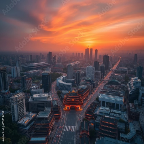 Sunset aerial view of warner center in the san fernando valley area of los angeles california aerial city Ultra realistic Photorealistic aerial photography drone photography  photo