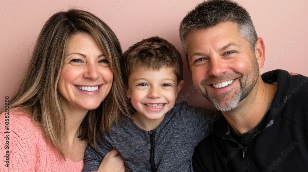 A smiling family portrait featuring a mother, father, and son. A smiling family portrait featuring a mother, father, and son.