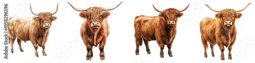 Four Scottish Highland cattle stand side by side, showcasing their distinctive long horns and shaggy coats against a white background.