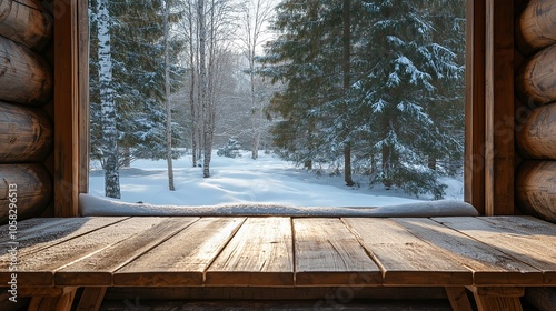 Cozy Winter Lodge with Snowy View and Wooden Table photo