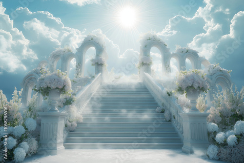 Stairway to Heaven with White Clouds, Flower Decorations, and Radiant Sunlight, Serene and Inspirational Celestial Scene