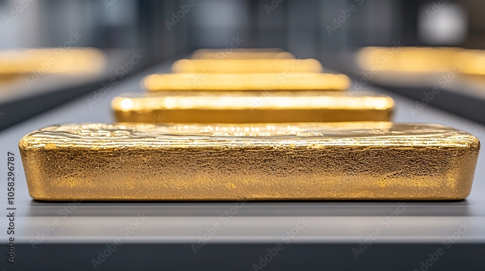 Magazine cover shot of gold bullion bars and coins in a glass case, soft reflections, with a faint overlay of declining stock trends in the background, showing the allure and caution of gold Magazine cover shot of gold bullion bars and coins in a glass case, soft reflections, with a faint overlay of declining stock trends in the background, showing the allure and caution of gold