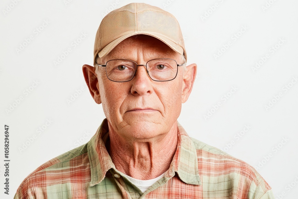 Portrait of an elderly white man wearing a cap against a clear studio background Portrait of an elderly white man wearing a cap against a clear studio background