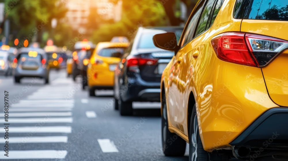 Vibrant taxi cabs lining a bustling urban street at sunset Vibrant taxi cabs lining a bustling urban street at sunset