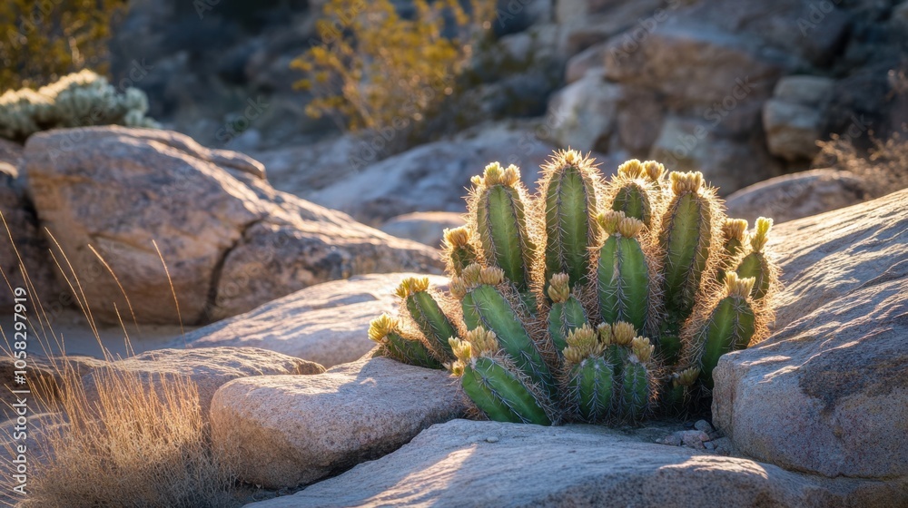 A small group of cacti surrounded by desert rocks,