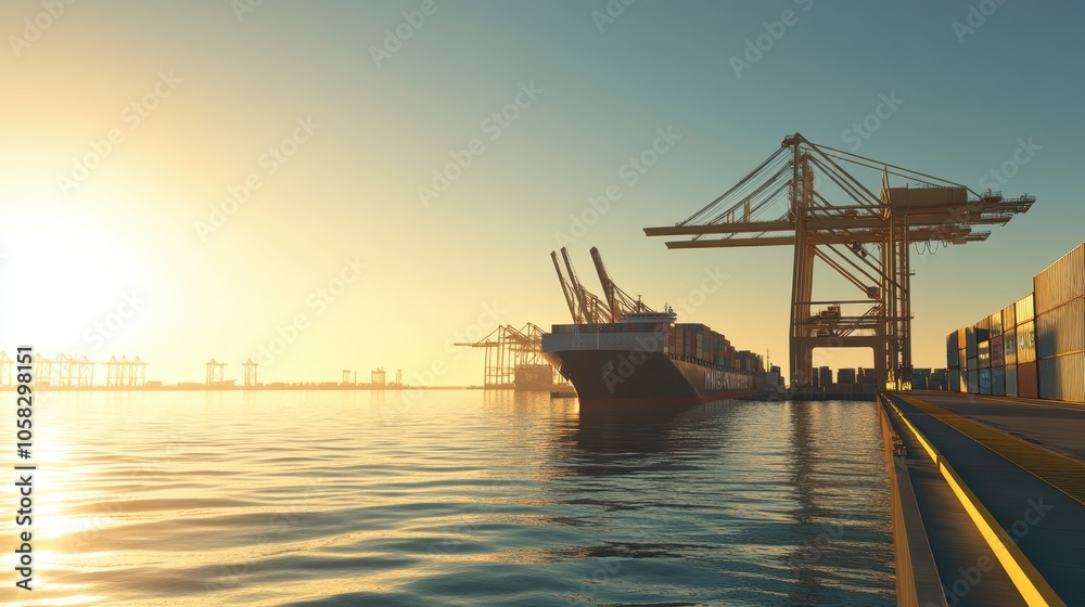 Cargo Ship at Sunset in Port Cargo Ship at Sunset in Port