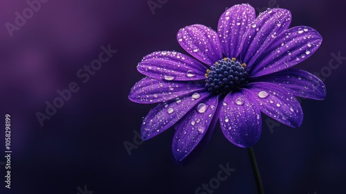 A solitary purple flower with radiant water droplets,