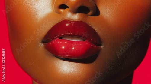 closeup of a woman with flawless skin, sparkling eyes and glossy lips.