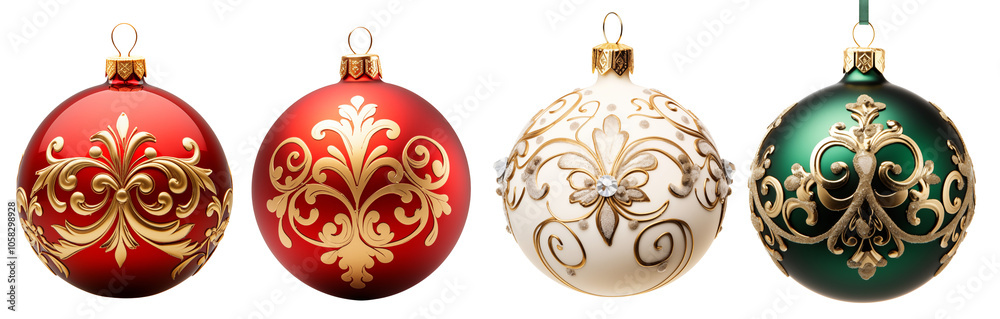 Collection of four classic Christmas ornaments in red, white, and green with intricate gold designs create festive atmosphere. Perfect for holiday decorations and celebrations, PNG cutout Collection of four classic Christmas ornaments in red, white, and green with intricate gold designs create festive atmosphere. Perfect for holiday decorations and celebrations, PNG cutout