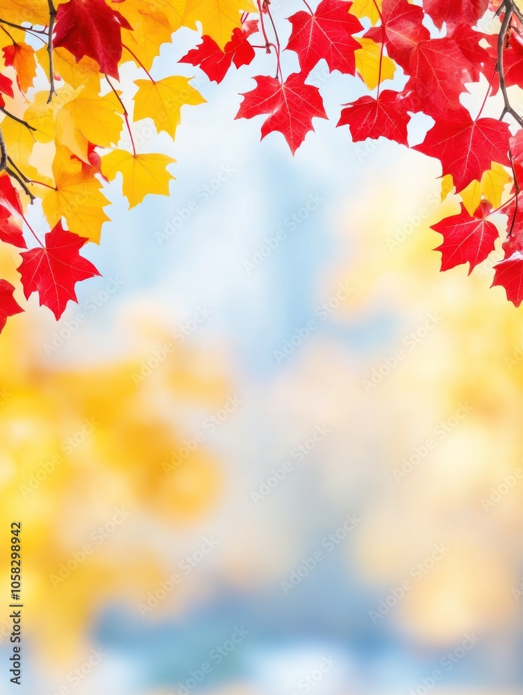 Naklejka premium Vibrant autumn leaves in red and yellow against a blurred background.