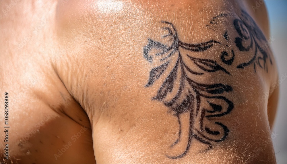 Fototapeta premium Floral tattoo on a man's shoulder