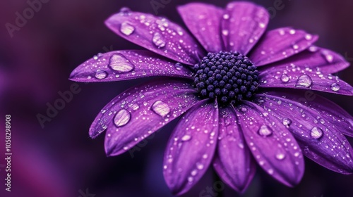 A stunning close-up of a purple flower with water droplets,