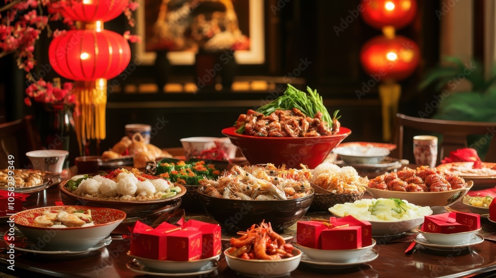 A table set for Chinese New Year with traditional food, A table set for Chinese New Year with traditional food,