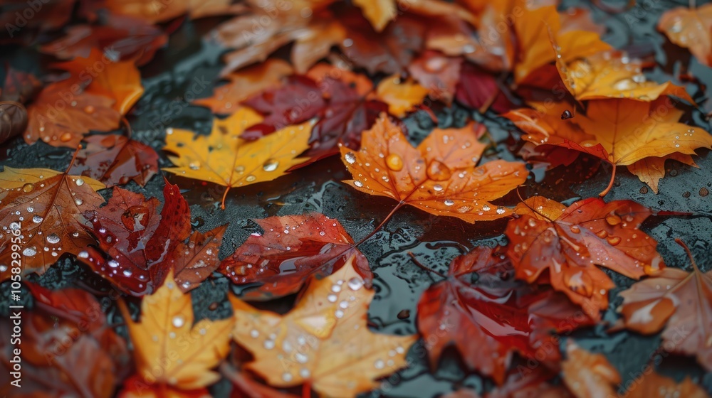 Autumn leaves moistened with rain fallen down