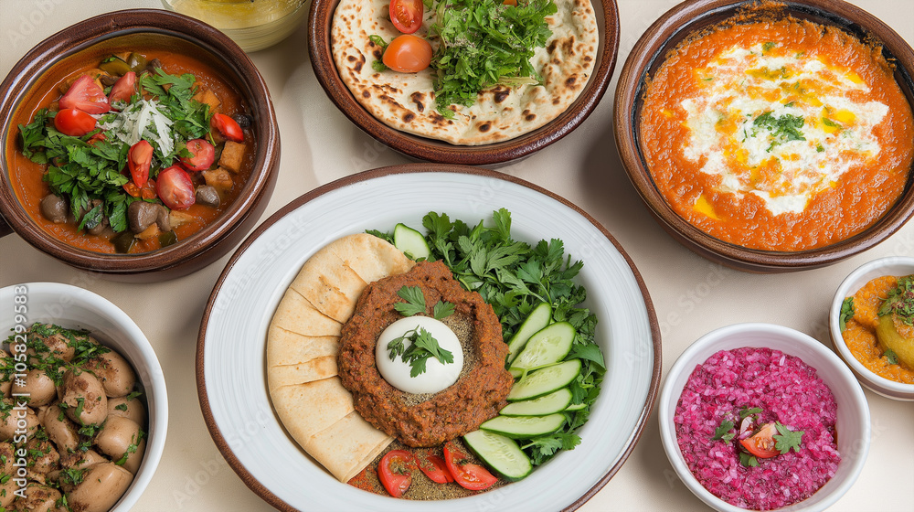 A Colorful Display of Egyptian Dishes and Stews. A Colorful Display of Egyptian Dishes and Stews.