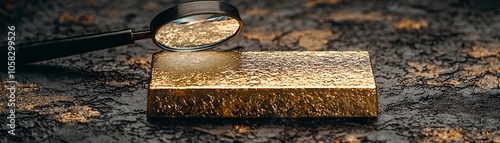 Close-up of a gold bar being examined with a magnifying glass, hints of fluctuating economic trends in the background, editorial focus on the scrutiny of wealth and risk