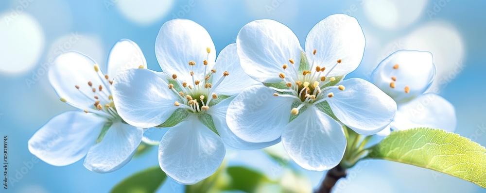 Obraz premium A close-up of delicate white flowers against a soft blue background.