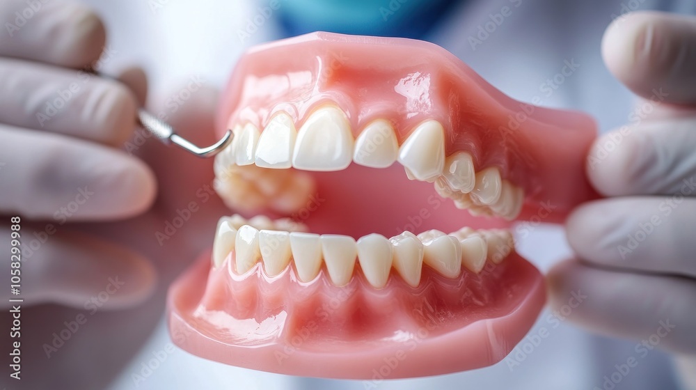 A dental model showcasing teeth and gums, used for educational purposes. A dental model showcasing teeth and gums, used for educational purposes.