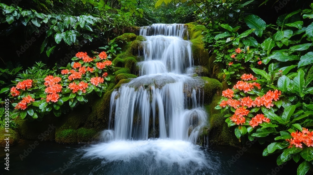 Serene Waterfall cascading amidst lush greenery and vibrant orange blossom Serene Waterfall cascading amidst lush greenery and vibrant orange blossom