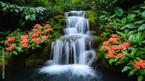 Serene Waterfall cascading amidst lush greenery and vibrant orange blossom