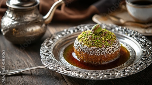 Perfectly round Turkish knefe covered in pistachios, served on a silver platter with a side of syrup, ready to be enjoyed. photo