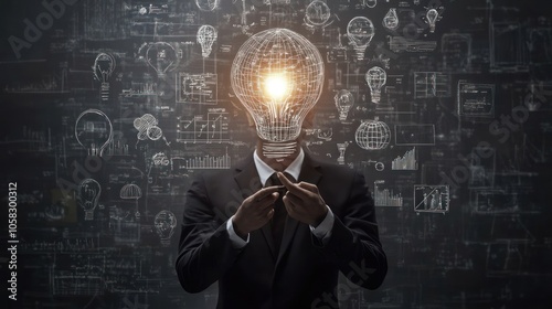 A businessman with a lightbulb head symbolizes innovative ideas and creativity in a digital world.