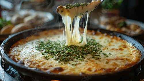 Pistachio-covered knefe served in a traditional setting, with the gooey cheese pulling away from the dessert as it being served. photo