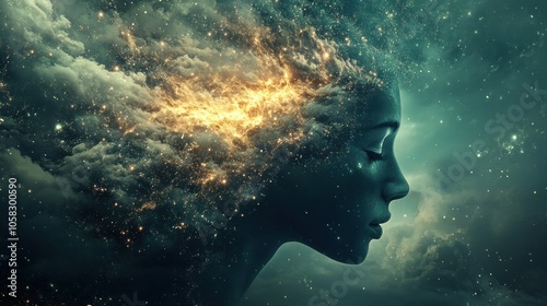 A surreal depiction of a woman's profile merging with cosmic elements, symbolizing creativity.