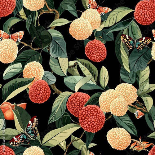 seamless pattern of luscious lychees and tropical butterflies